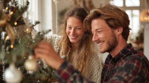 winter holidays and people concept  happy couple decorating christmas tree at home no logos no brands ar 169