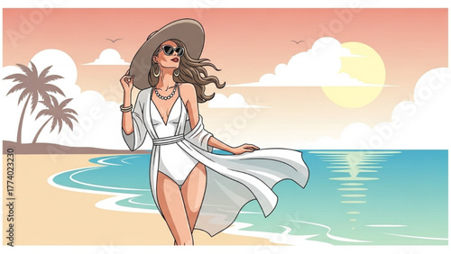 Elegant Woman on Tropical Beach Summer Fashion and Coastal Beauty