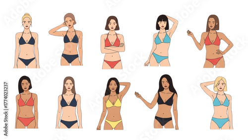 Diverse women in swimwear showcasing different body types and ethnicities