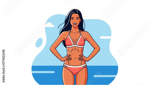 Attractive Woman in Bikini with Blue Ocean and Clouds Illustration