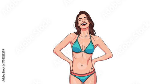 Smiling young woman in a vibrant turquoise bikini, exuding happiness and confidence during summer leisure, isolated on white