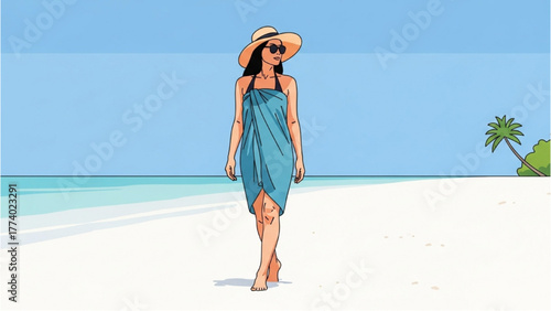 Stylish woman in sun hat and sarong walks a tropical beach, embodying the peaceful essence of summer