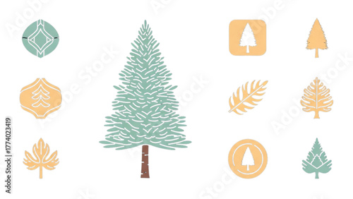 Various stylized illustrations of evergreen trees and related organic design elements