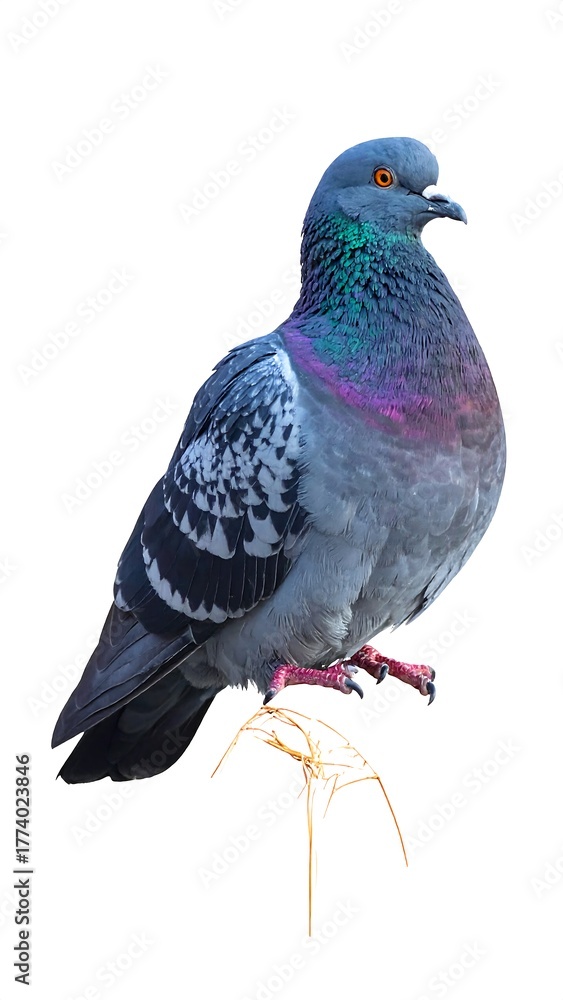 Fototapeta premium A feral pigeon with vibrant iridescent feathers perched against a stark white background