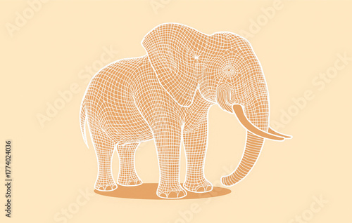 Detailed Geometric Elephant Wireframe Mesh Vector Illustration. Stylized Low Poly Animal Artwork on a Soft Tan Background for Technology and Wildlife Concepts.