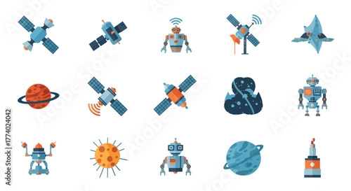Collection of Space Satellites Planets and Robots.