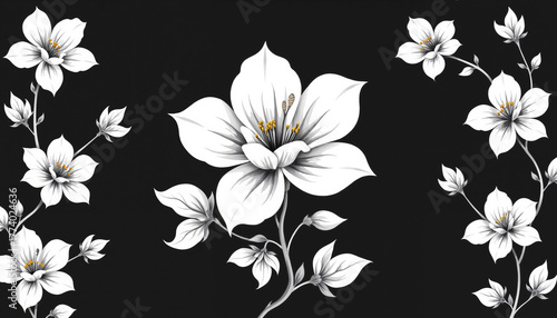 White flower bouquet illustration with delicate blossoms on black background and space for text