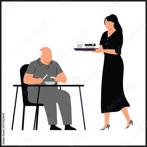 Female caregiver gives food to old man, helps disabled man with daily chores. Nurses or volunteers help. Patient in clinic or hospice. Cartoon flat isolated vector concept