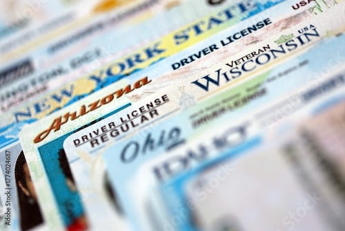 Big amount of driving licenses from various USA states. Stack of driving license specimen cards