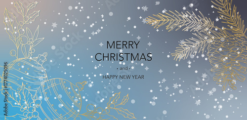 Christmas Card Design. Holiday Greetings Card. Merry Christmas and Happy New Year banner. Trendy vector illustration with Christmas decorations. Web design, social media banner, marketing, ads