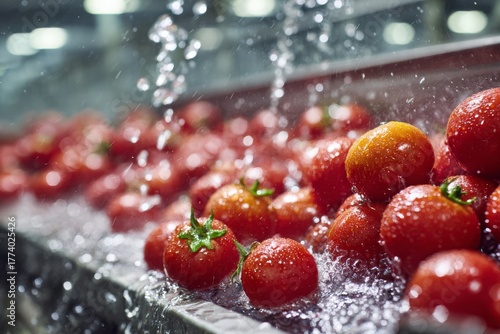 Freshly harvested cherry tomatoes being washed with clean water for processing and packaging, in a food factory setting, highlighting quality and hygiene standards.