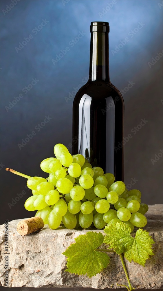 Obraz premium A glass bottle of dark wine stands gracefully on a smooth, stone-colored surface. To its left, a lush cluster of green grapes, fresh and plump, sits invitingly.