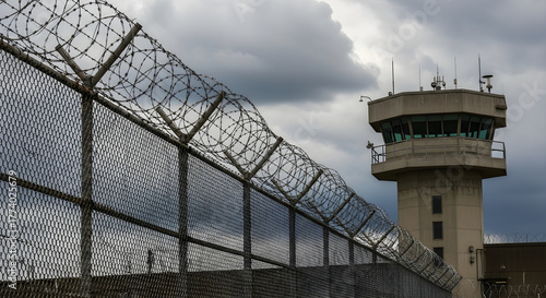 A high-security prison fence with barbed wire and a guard tower under a cloudy sky.
