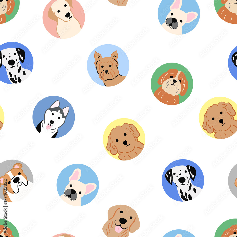 Fototapeta premium Seamless pattern with various dog breed portraits in colorful circles, Transparent background, png