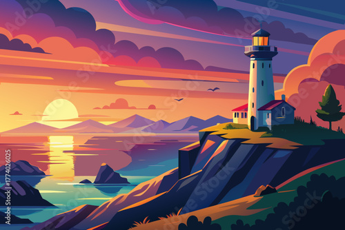 The lights of the lighthouse shining from the tower on the high hill near the sea under the beautiful colorful evening sky, the view of the coastal landscape with the ocean horizon and the calm atmosp
