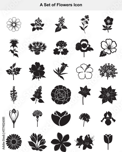 Black and White Set of Various Flowers Icon Designs for Graphic Elements