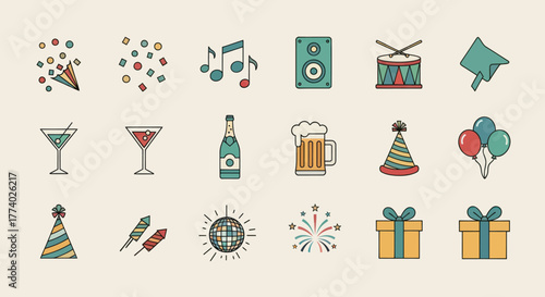Colorful Hand-Drawn Party Icons and Celebration Elements.