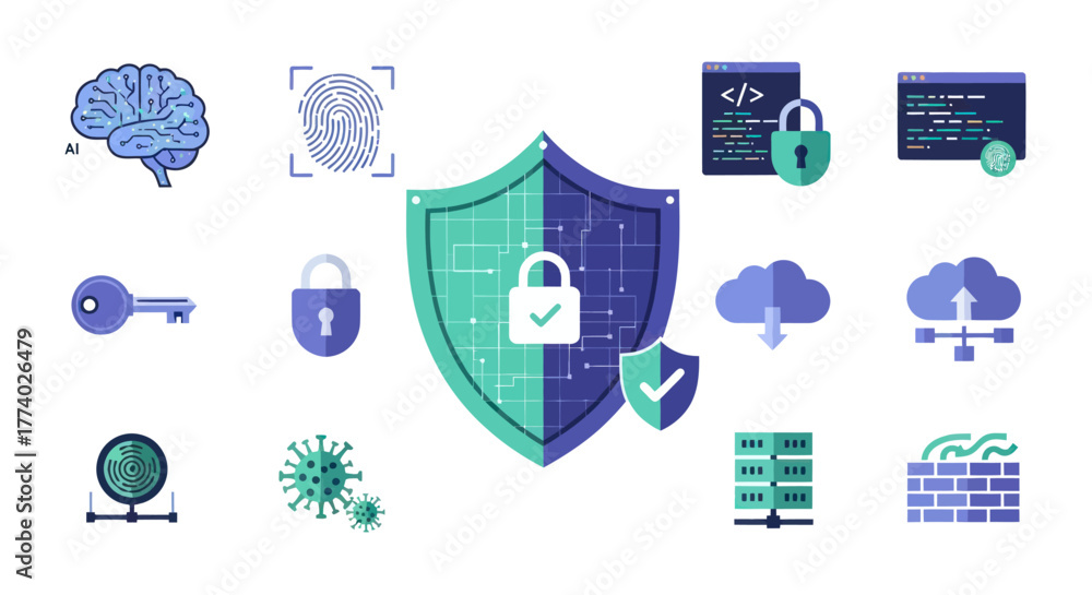 Naklejka premium Digital Cybersecurity and Data Protection Icon Set with Shield and Padlock.