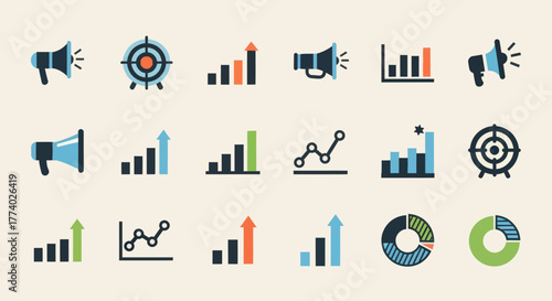 Collection of Business and Marketing Icons with Charts and Megaphones.