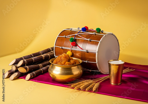 Traditional Dhol Drum, Sugarcane, Wheat, Halwa, and Lassi in a Festive Still Life for Baisakhi Harvest Festival on Yellow Background