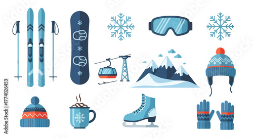 Collection of Winter Sports Equipment and Accessories Illustrations.