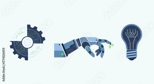 A set of futuristic technology icons featuring a hybrid gear a robotic hand and an AI brain lightbulb.