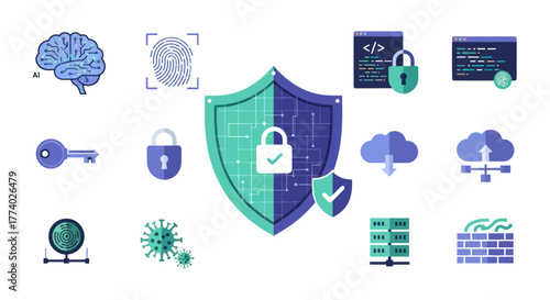 Digital Cybersecurity and Data Protection Icon Set with Shield and Padlock.