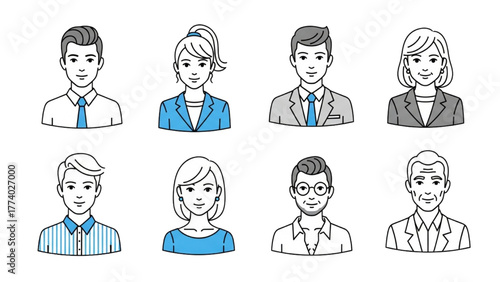 Line Art Business Person Avatars Set: Diverse Professional Profile Icons for Team, Office, and Corporate Use