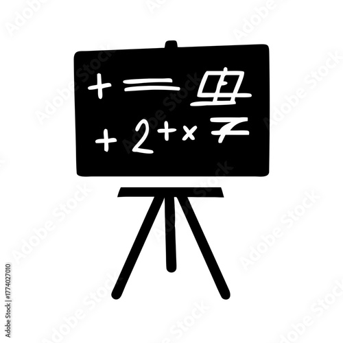 Illustration of a blackboard with mathematical equations and symbols standing on a tripod stand