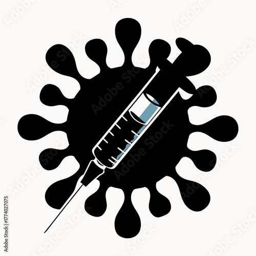 Syringe injecting into a black virus cell representing vaccination and disease prevention concept art