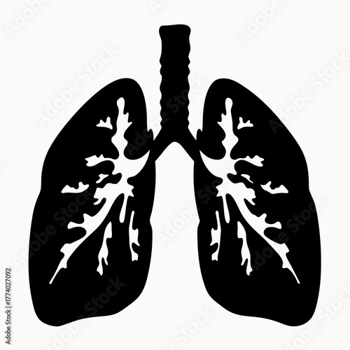 Silhouette illustration of human lungs with trachea in black and white anatomical representation of respiration