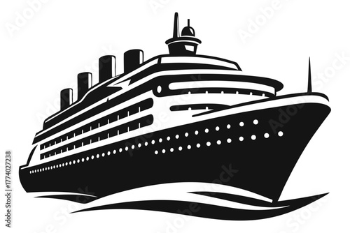 cruise ship black and white silhouette on white background