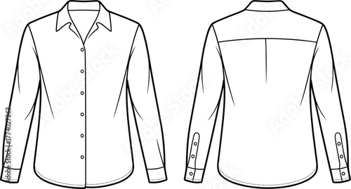 Classic button-up shirt flat sketch, long sleeve blouse design, fashion technical drawing, vector apparel template, clothing CAD illustration for designers