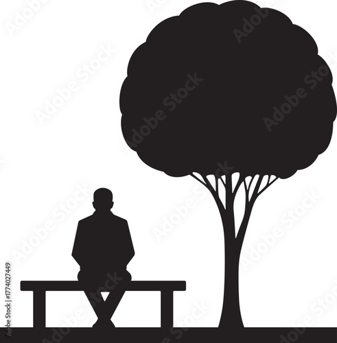 Man sitting alone on a park bench under a large tree silhouette