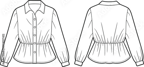 Long sleeve blouse flat sketch, button front shirt design, elastic waist fashion template, women apparel technical drawing, clothing design vector illustration