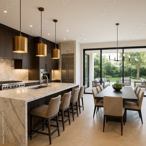 A luxurious open-concept kitchen and dining area with marble countertops, pendant lighting, high-end appliances, and a view of the outdoor patio through sliding glass doors. 