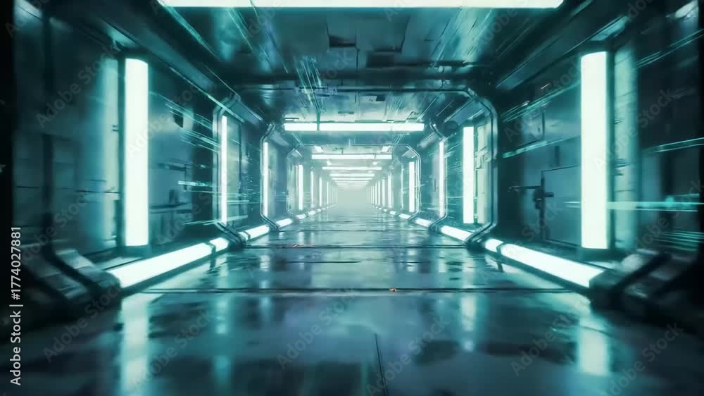 Futuristic sci fi corridor interior with glowing lights and reflective floor moving forward sci-fi tunnel