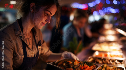 Catering Staff Serving Food at Holiday Buffet Party - Professional Hospitality