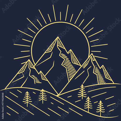 Golden sun rising over stylized mountains and pine trees