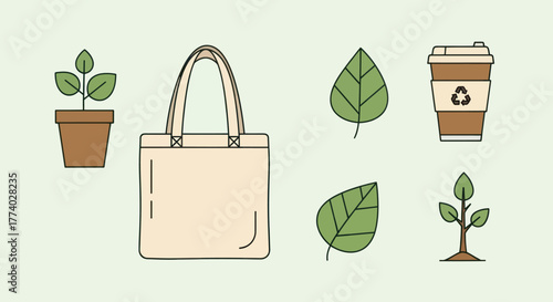 Eco-friendly icon set with a reusable tote bag coffee cup and green plant illustrations.