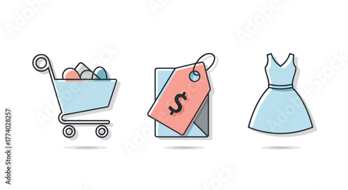 Shopping cart price tag and dress icons representing commerce and fashion.