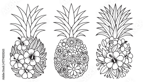 Hand Drawn Tropical Fruit Collection – Decorative Pineapple and Flower Vector Art Set