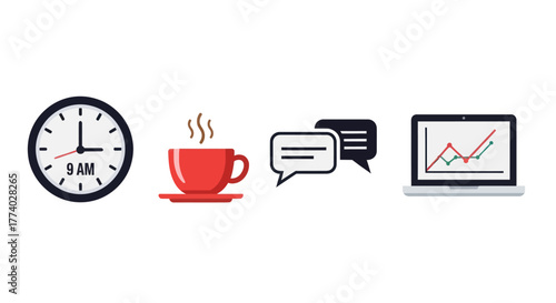 Business morning routine icon set with a clock coffee cup chat bubbles and a laptop with a data graph.