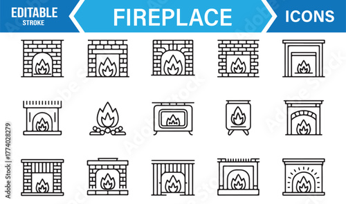 Fire and Warmth Outline Icons – Fireplace Vector Collection for Home, Relaxation, and Interior Design Elements