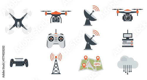 Collection of drone technology and communication icons.