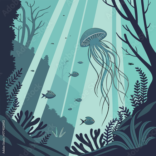 Jellyfish and fish among underwater trees and plants