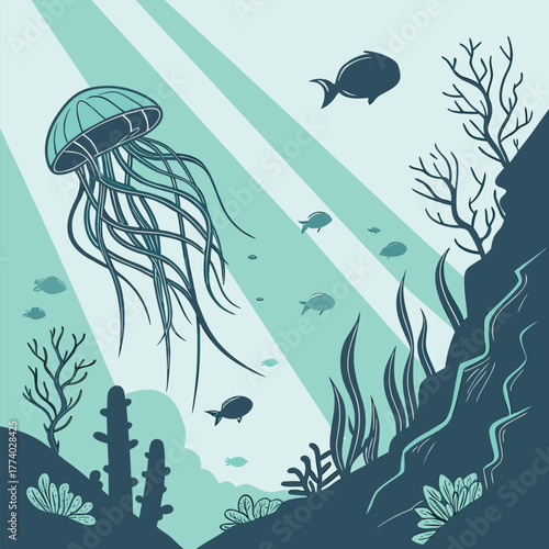 Jellyfish and fish swimming in underwater scene with light rays Keywords: underwater, ocean, sea