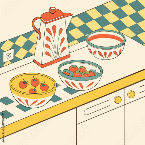 Kitchen counter with teapot, bowls of tomatoes and liquid