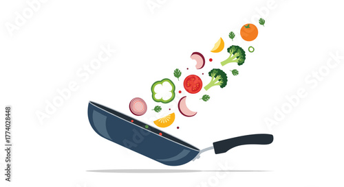 Fresh, colorful vegetables and fruits like broccoli, peppers, tomatoes, and onions tossed in motion from a frying pan, depicting healthy cooking.