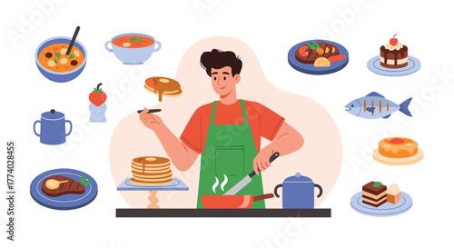 A male chef in an apron cooks various dishes, including soups, pancakes, steak, and desserts, surrounded by diverse culinary creations.